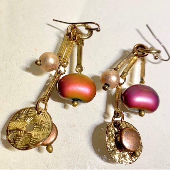 Golden Beaded Earrings Frosted Gradient Distressed Circle Vintage Retro Bead 90s - Picture 3 of 8